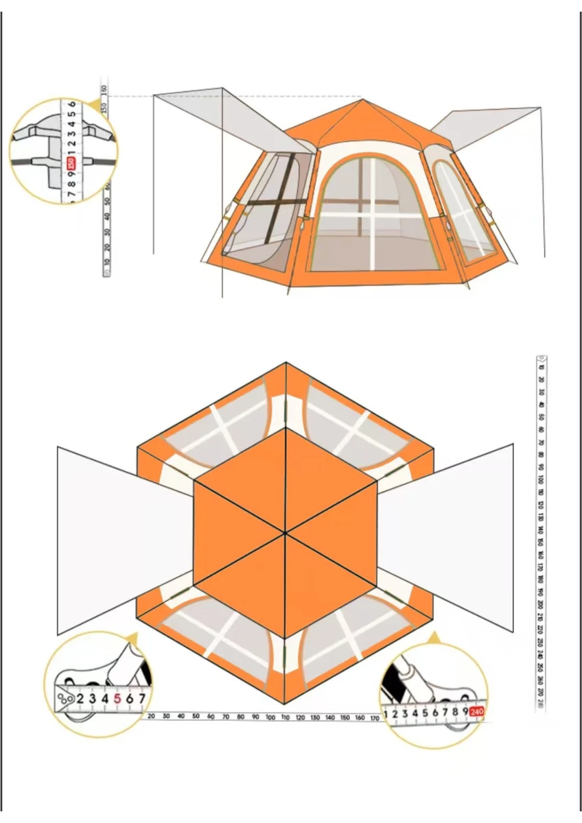 Tam Otomatik Su ve Rüzgar Geçirmez Gölgelikli Altıgen Çadır Aile Çadırı 280*240*155 cm